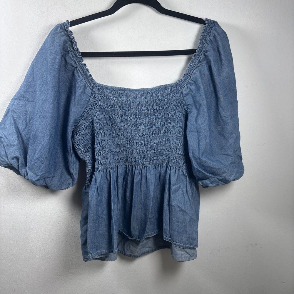 ANA New Approach Chambray Smocked Peplum Blouse LT Puff Sleeve Cottagecore - Picture 4 of 11
